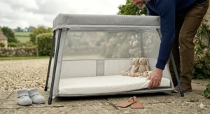 A compact travel cot packed into a car boot, showing its space-saving design for family travel.