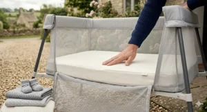 A portable, lightweight travel cot set up in a living room, ideal for visiting grandparents.