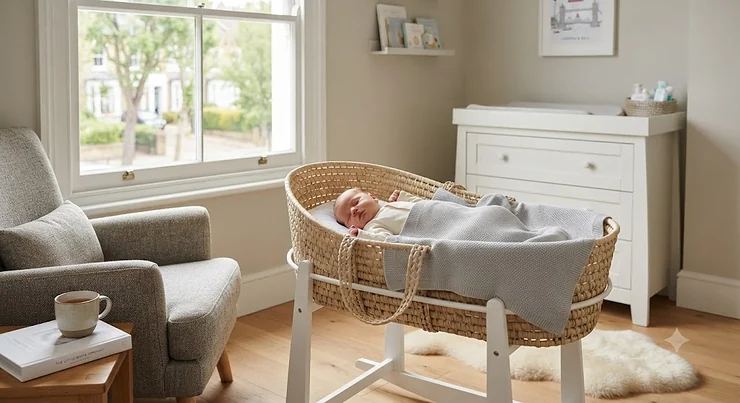 Luxury moses basket set with premium cotton bedding for a newborn baby in a modern nursery. moses basket set