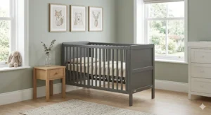 A minimalist, grey standard cot styled in a neutral-toned British nursery room.