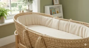 A soft, hypoallergenic fitted sheet and padded liner set for a standard-sized Moses basket.