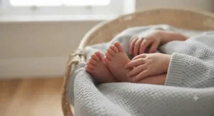 Close-up detail of a newborn baby’s feet resting in a cosy moses basket set with a knitted blanket.