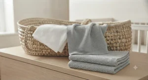 A complete moses basket set with soft white liners and grey knitted blankets, perfect for newborns.