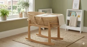 A sturdy wooden rocking stand for a Moses basket, positioned safely on a flat, stable surface.