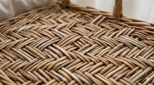 A detailed close-up photograph of the natural willow wicker weave on a baby moses basket, showcasing the intricate texture and varying tan and buff colours under natural light.