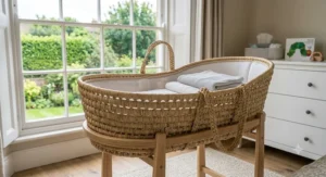 A palm Moses basket displayed in a modern nursery, showcasing its minimalist, eco-friendly aesthetic.