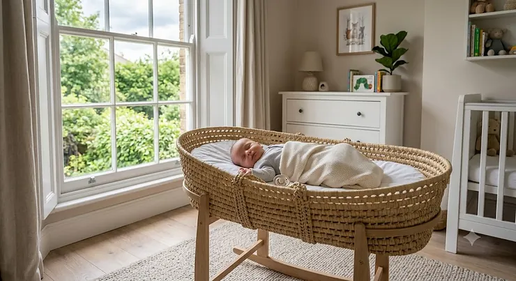 A stylish, neutral nursery featuring a woven palm Moses basket on a wooden stand. palm moses basket
