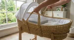 A baby palm Moses basket set securely on a white wooden rocking stand.