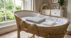 A palm Moses basket dressed with soft, organic cotton cellular blankets and sheets.