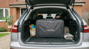 A compact pop-up travel cot fitting easily into the boot of a family car.