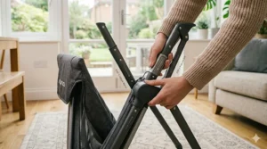 Close-up of the intuitive quick-fold mechanism on a lightweight pop-up travel cot.