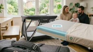 The firm, comfortable mattress base of a pop-up travel cot for safe sleep.