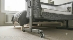 A lightweight, portable bedside crib with lockable castors for moving around the home.