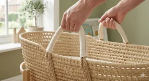 Close-up of durable, reinforced handles on a lightweight Moses basket for easy room-to-room transport.