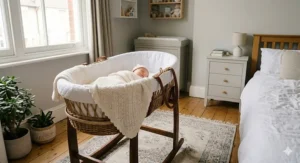 A parent placing a sleeping baby in a portable Moses basket in a living room.