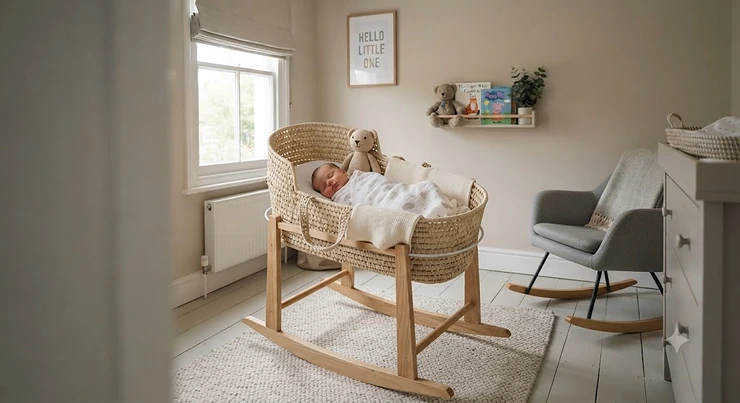 A wooden rocking stand for a Moses basket in a modern nursery setting. rocking stand for moses basket