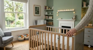 A baby’s cot positioned away from blinds, curtains, and radiators in a clear bedroom space.