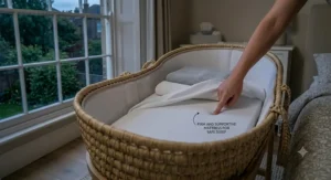 Displaying the firm, flat, and supportive mattress inside the natural palm Moses basket.