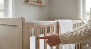 Close-up of safety teething rails and adjustable mattress heights on a cot bed