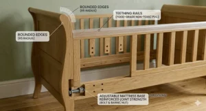 Technical illustration highlighting rounded edges and teething rails on a sleigh cot bed.