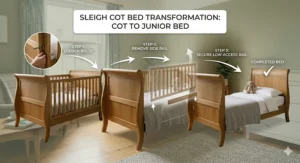 Illustration showing the conversion steps from a sleigh cot bed to a junior bed.