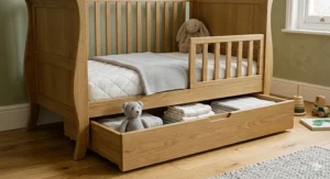 Sleigh cot bed featuring an integrated under-bed storage drawer for nursery essentials.