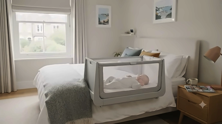 A side-by-side comparison of the SnuzPod and Chicco Next2Me bedside cribs in a modern nursery. SnuzPod vs Chicco Next2Me