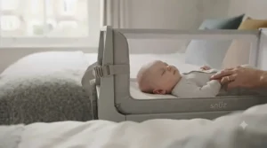 Close-up of the drop-down side panel mechanism on the SnuzPod and Chicco bedside cribs.
