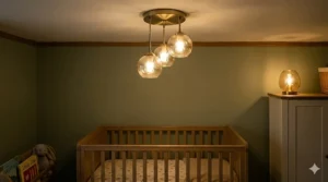 A warm, dimmable floor lamp creating a cosy atmosphere in a small nursery.