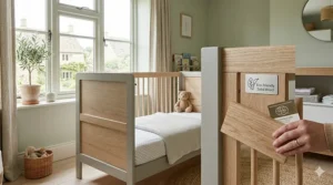 Close-up view of a high-quality solid oak finish on a durable mini cot bed.