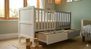 A premium solid wood convertible cot bed highlighting durable, sustainable craftsmanship.