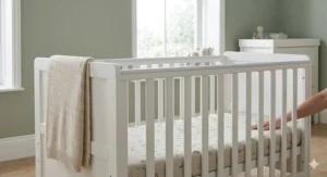 Close-up of a standard cot’s solid-wood slats and height-adjustable base for baby safety.