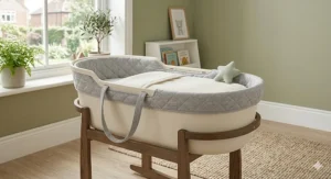 A contemporary, minimalist Moses basket with a machine-washable liner, ideal for modern interiors.