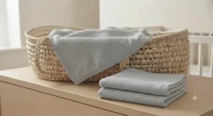 Stylish, neutral-coloured moses basket set styled with soft grey blankets for a modern nursery.
