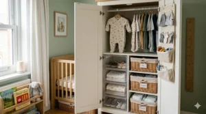 A tall, narrow wardrobe designed to maximise vertical space in a compact nursery.