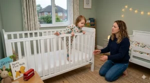 A toddler attempting to climb out of a cot, showing it is time to switch to a junior bed.