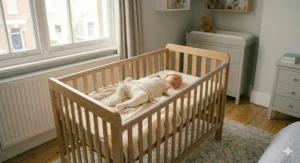 An illustration showing a baby outgrowing a crib and moving into a full-sized cot bed.