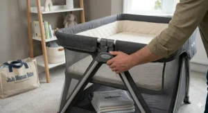 A travel cot set up in a bright hotel room for a family holiday.