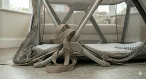 A portable travel cot packed inside its matching travel carry bag.