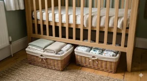 Woven baskets neatly tucked under a baby cot for extra nursery storage.