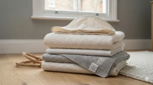 A folded stack of soft, machine-washable cotton dressings and blankets for a wicker moses basket, neatly arranged on a wooden floor.