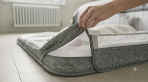 Detail shot showing removable, machine-washable fabrics on a modern bedside crib.