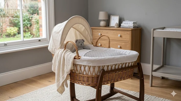 A handwoven wicker moses basket with a soft cream hood rests on a wooden rocking stand in a modern, naturally lit British nursery, featuring grey walls, oak furniture, and a classic sash window looking out onto a garden. wicker moses basket