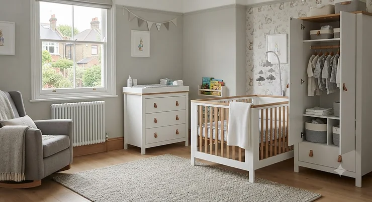 A photorealistic, light-filled British nursery featuring a modern 3-piece furniture set with a cot bed, wardrobe, and changing unit. 3 piece nursery furniture sets
