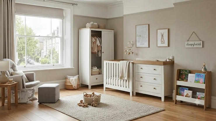 A matching 4-piece nursery furniture set in a modern British baby room, featuring a cot bed, wardrobe, and chest of drawers. 4 piece nursery furniture set