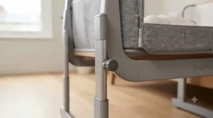 A bedside co-sleeping crib showing adjustable height settings to match a standard UK adult bed.
