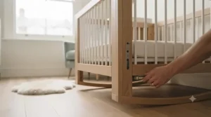 A rocking crib with adjustable base height settings, demonstrating versatility as the baby grows.