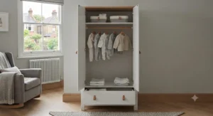 A photorealistic interior shot showing an open double-door nursery wardrobe organised with baby clothes and storage baskets.