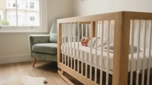 A peaceful baby sleeping soundly in a gently swaying rocking crib during nap time.