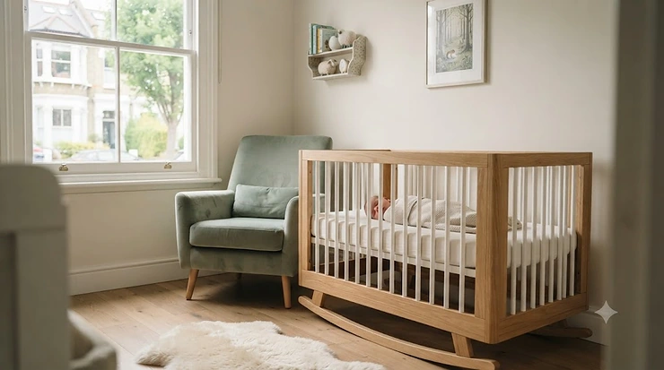 A stylish wooden rocking crib set up in a modern British nursery, featured as one of the best rocking cribs for newborns. best rocking cribs